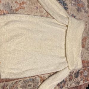 white fluffy off the shoulder sweater dress